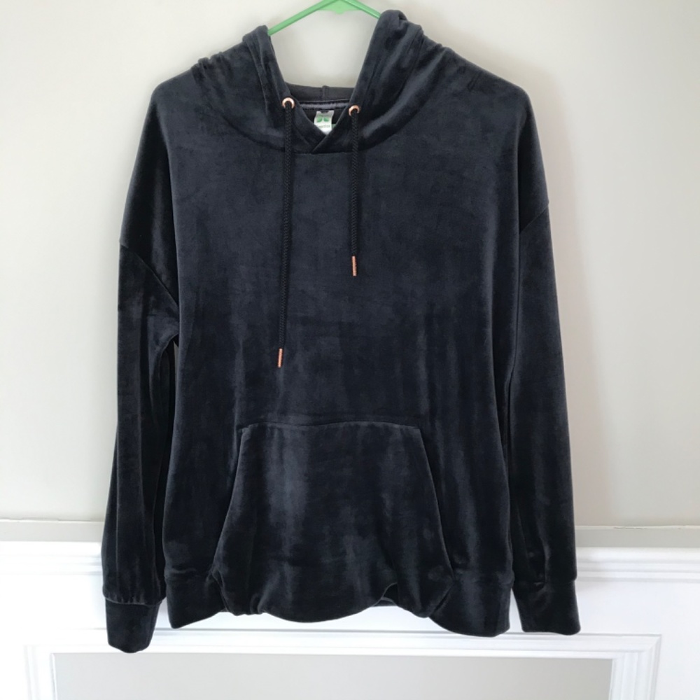 Green Tea Velvet Hoodie Sweatshirt Kangaroo Pocket Black Ultra Plush Soft Sz Sm